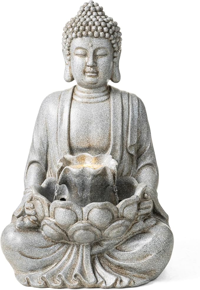 Glitzhome Buddha Fountain Outdoor with Pump & LED Light 23.25" H, 2-Tier Zen Style Concrete Meditating Buddha Statues Water Fountains Floor Fountains Buddhas Sculpture for Garden Patio Backyard