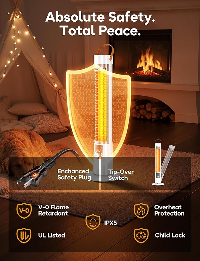 Outdoor Heater for Patio, 1500W Electric Infrared Heaters for Porch Garage Indoor Use, 9H Timer, 60° Oscillation & 9 Heat Level, Tip-Over/Overheating Protection, Safety Lock, Super Quiet, IPX5, White