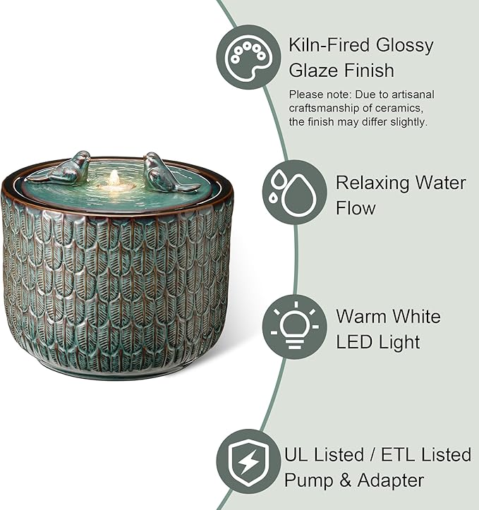 Glitzhome 14.75”H Outdoor Ceramic Water Fountain with LED Light and Pump, Embossed Leaf Pattern Floor Standing Bird Bath Fountain with Two Birds Decor for Patio Porch Deck Backyard, Turquoise