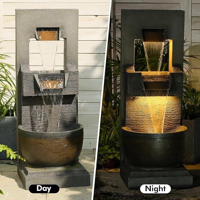 39" H Modern Indoor Fountain with LED Lights and Pump, 3-Tier Standing Cascading Waterfall - Modern Design for Garden/Patio/Yard, Multi-Level Outdoor Decor 15“x14”x39“(Brown)