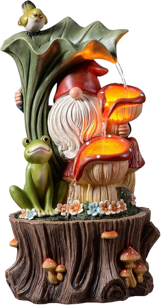 Kalona Gnome Outdoor Waterfall Fountain with LED Lights, Resin Tree Stump Waterfall Fountain for Patio Balcony Yard, 21" Tall Garden Water Feature 25007