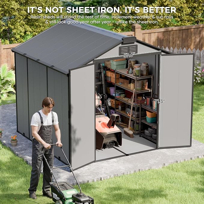 CDCASA 8x8x7 FT Resin Shed with Floor Included, Steel‑Reinforced Large Waterproof Outdoor Storage Sheds with Base & Lockable Door & Window & Vents, Outside Plastic Tool for Outside Patio Backyard - Image 2