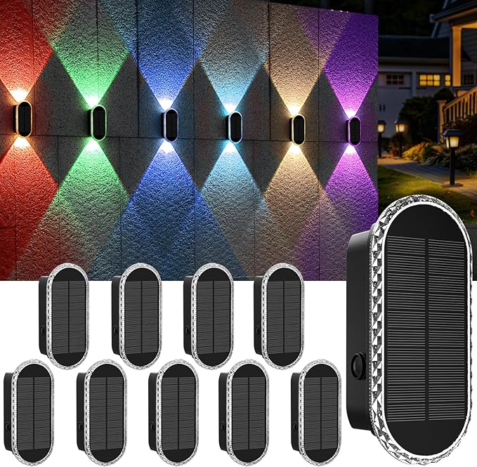 Solar Fence Lights Outdoor, Warm White & RGB 8 Modes Solar Wall Lights Outdoor Waterproof, Up&Down Dual-Head Outdoor Solar Lights for Yard House Fence Backyard Deck Garden Patio Porch, 10 PK
