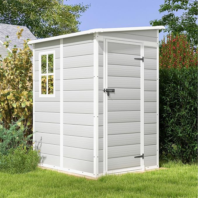 Patiowell 5x4 FT Outdoor Storage Shed with Floor, Resin Outside Storage Shed with Floor & Lockable & Window Door for Patio Furniture, Garden Tools and Bicycle, Light Gray - Image 2