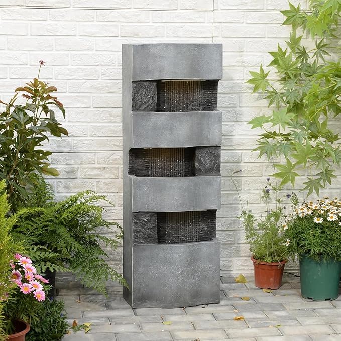 40.5" H Indoor Outdoor Modern Water Fountain with Lights and Pump, Tall 4-Tier Outdoor Freestanding Cascading Waterfall Fountain for Garden, Porch, Yard, Landscape, Indoor Décor, Grey