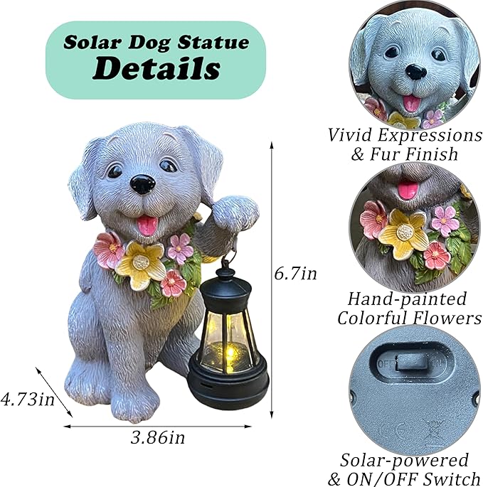 Dog Solar Light, Solar Dogs Statues Outdoor with Lantern, Cute Dogs Garden Figurines for Patio and Yard Decor, Gardening Gifts for Mom, Grandma, Dog Lovers