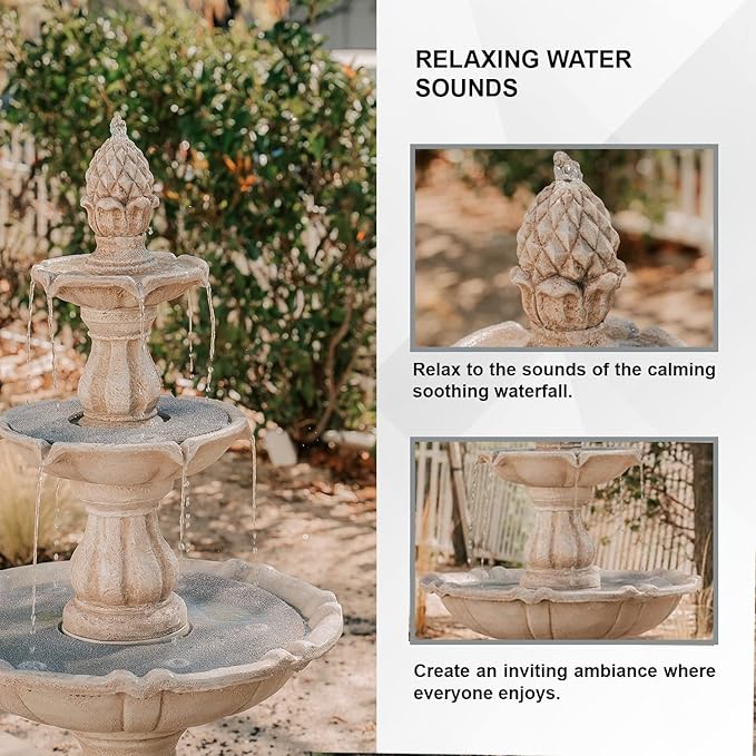 XBrand 51" 3-Tier Outdoor Freestanding Waterfall Fountain with Pump and Pineapple Finial, Beige