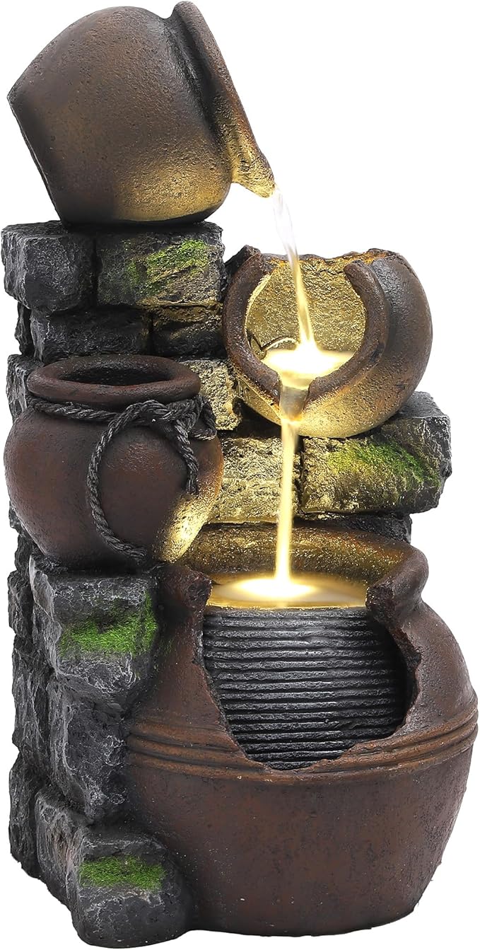TITIMO Outdoor Water Fountain with Flower Pot and Lights - Cascading Pitchers Farmhouse Fountains and Waterfalls, Garden Fountain Patio Decor, Waterfall Fountains Indoor and Outdoor