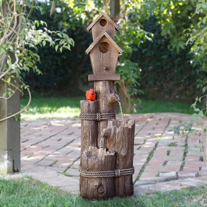 Alpine Corporation 35" Tall Outdoor 3-Tier Birdhouse Water Fountain with Cardinal Accent, Rustic Floor Decor for Garden and Patio, Brown