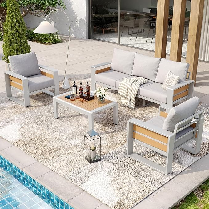 Aoxun Aluminum Patio Furniture Set, 5 Seats Luxury Outdoor Sectional with 6" Olefin Fabric Cushions, Patio Conversation Sets with Coffee Table Outdoor Sofas for Backyard, Deck Grey