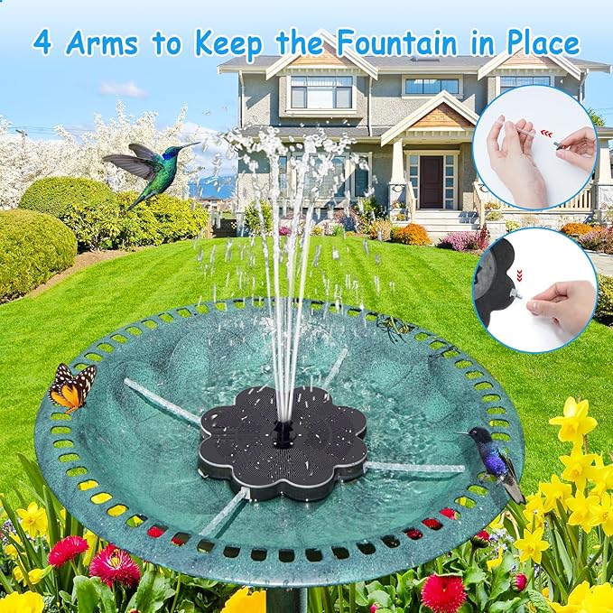 Solar Bird Bath Fountains Flower Pattern, Upgrade 3.5W Solar Water Fountain with 2000mAh Battery, Colorful Led Lights, 7 Nozzles, Hummingbird Solar Fountain for Garden, Swimming Pool, and Pond