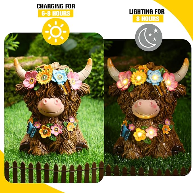 Highland Cow Resin Figurine Highland Cow Statue Christmas Outdoor Decor with Flower for Patio, Yard, Gift for Mom, Calf Gnome Herd Lovers (Classic)