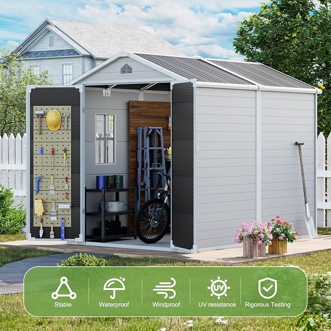 8x6 FT Outdoor Storage Shed, Waterproof Resin Shed with Floor Included & Lockable Door & Window & Vents, Outside Plastic Sheds for Backyard, Patio, Poolside, Lawn, Dove Grey - Image 4