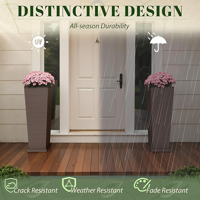 JUMMICO Set of 2 Resin Rattan Tall Planters for Outdoor Plants, Large Tapered Planters with Drainage Holes, Inner Trays and Outer Saucers, Flower Pots for Garden, Patio, Porch, Backyard (Brown, 32")