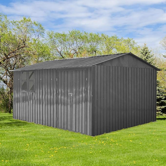 10x12 FT Outdoor Storage Shed, Large Metal Garden Shed with 4-pane Window, Outside Tool Shed with Lockable Hinged Doors & 4 Air Vents, Waterproof Storage Building for Backyard, Patio, Lawn, Gray by BNSPLY