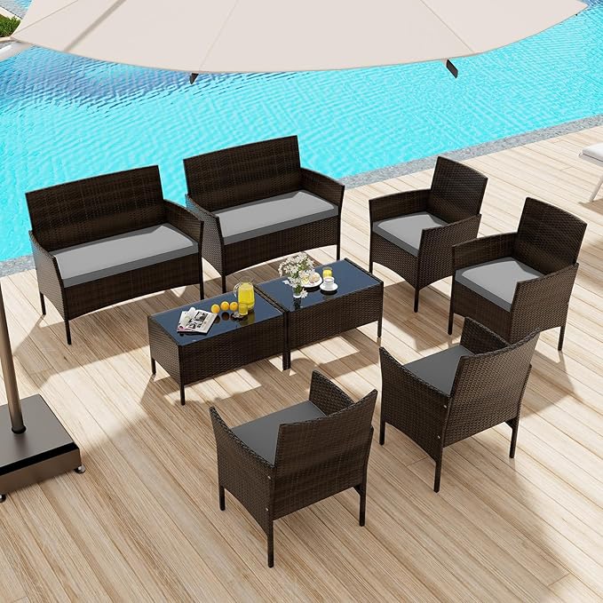 KOTEK 8 Piece Patio Furniture Set, Wicker Patio Set with Loveseat, Wicker Chairs, Tempered Glass Coffee Table, Outdoor Rattan Conversation Set for Backyard, Porch (Grey)