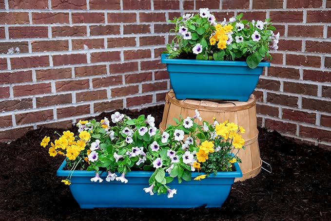 Rectangle Planter Box, 16 Inch Indoor/Outdoor Rectangular Planter, Durable UV Resistant, 2 Gallon Plastic Window Box Trough, Use for Herbs, Succulents, Vegetables (Blue | 4 Pack)