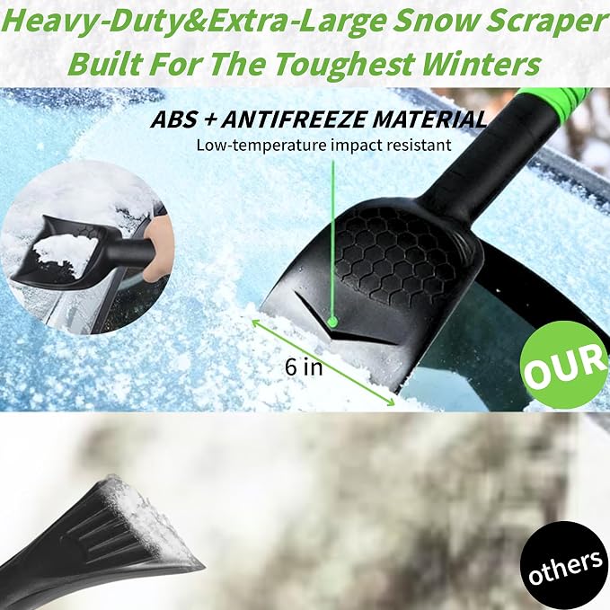 ShouRong Snow Shovel & Ice Scrapers for Car Windshield, Snow Brush and Ice Scraper with Squeegee, Snow Removal Tool, Winter Car Accessories,Extendable Aluminum Handle, 180°Pivoting Brush Head, Green - Image 2