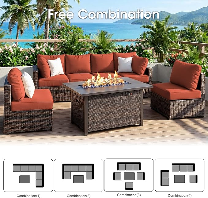 Grezone 7 Piece Patio Furniture Set with 44" Fire Pit Table, Outdoor Sectional Couch, PE Rattan Patio Conversation Sets with 4inch Cushions for Backyard Red