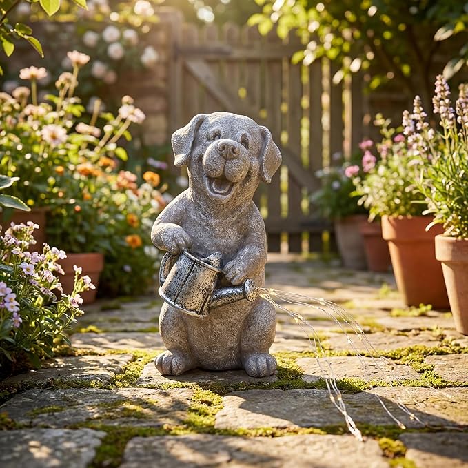 Lavezee Garden Dog Statue with String Lights, Puppy Garden Statue Outdoor for Patio Lawn Porch Walkway, Ideal Gifts for Dog Lovers Women Mom Grandma