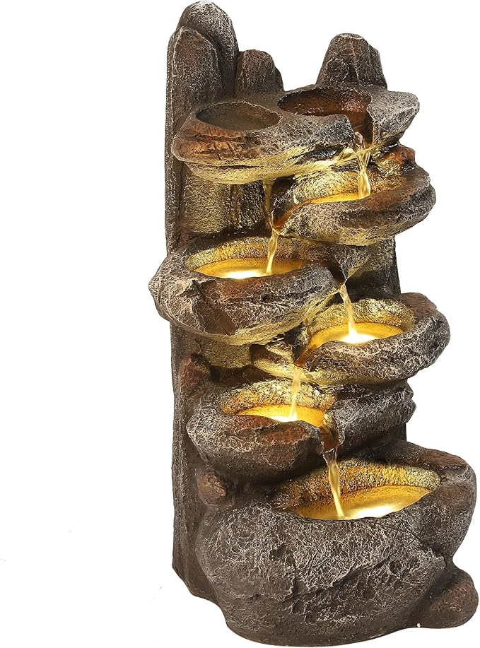 TITIMO 6-Tier Cascading Rock Water Fountain Outdoor Garden Waterfall with Lights,Fountain Indoor Decor for Garden, Patio, Backyard, Deck, Porch and Home Art Decor