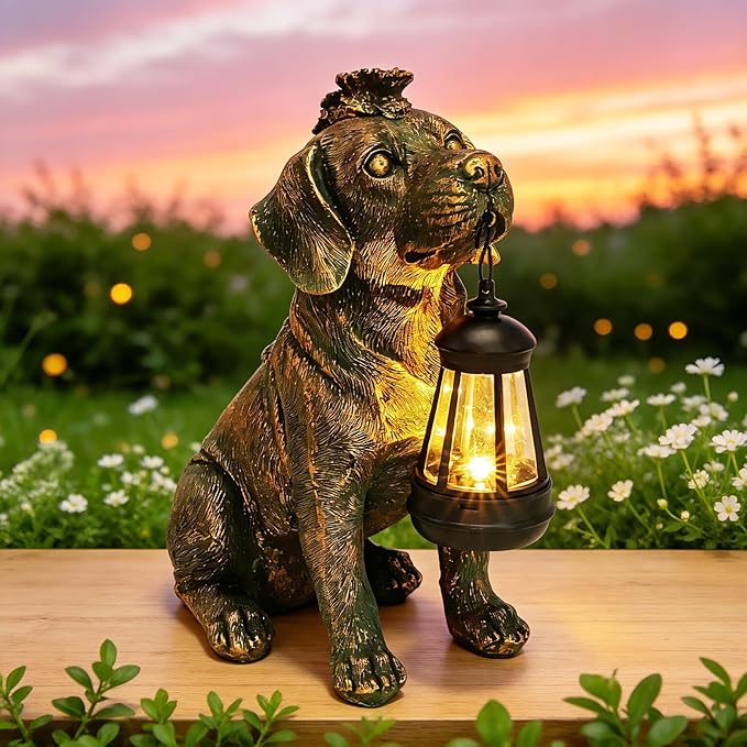 Solar Garden Statue Dog Figurine Decor with Lantern Lights, Outdoor Decoration Solar Dog Sculptures for Outside Patio Lawn Balcony Yard Ornament, Dogs Lover Gifts for Women Mom Grandma Birthday