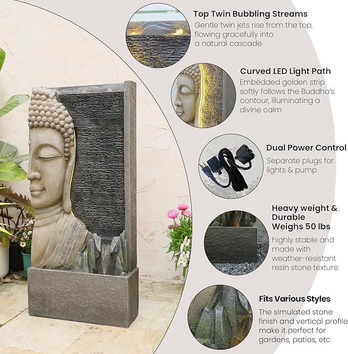 47.5" Buddha Water Fountain Outdoor with LED Lights, Large Zen Garden Waterfall Feature with Double Bubblers and Stream, Resin Statue for Patio, Yard, Porch, Meditation Decor