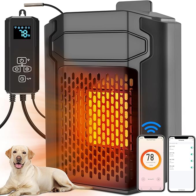 Dog House Heater with Thermostat & Smart APP WIFI Remote, 500W Fast Dog House Heaters Outdoor Doghouse, Chicken Coop, Pig Cat House, 41℉-113℉ Adjustable Temp & Timer, Pet Safe Space Electric Warmer
