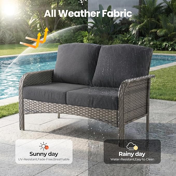 weaxty 5 Pieces Wicker Patio Furniture Set, High Back Swivel Rocker Chairs Outdoor Loveseat Sofa and Rattan Coffee Table, Outdoor Conversation Sets for Porch Deck Backyard Poolside, Black