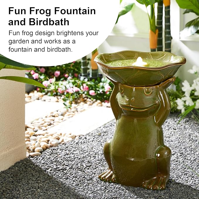 Glitzhome 21.5" H Olive Green Frog Hold a Lotus Birdbath Ceramic Outdoor Water Fountain with LED Lights and Pump, Lively Frog Statue Birdbath Fountain for Porch Deck Garden Patio Backyard