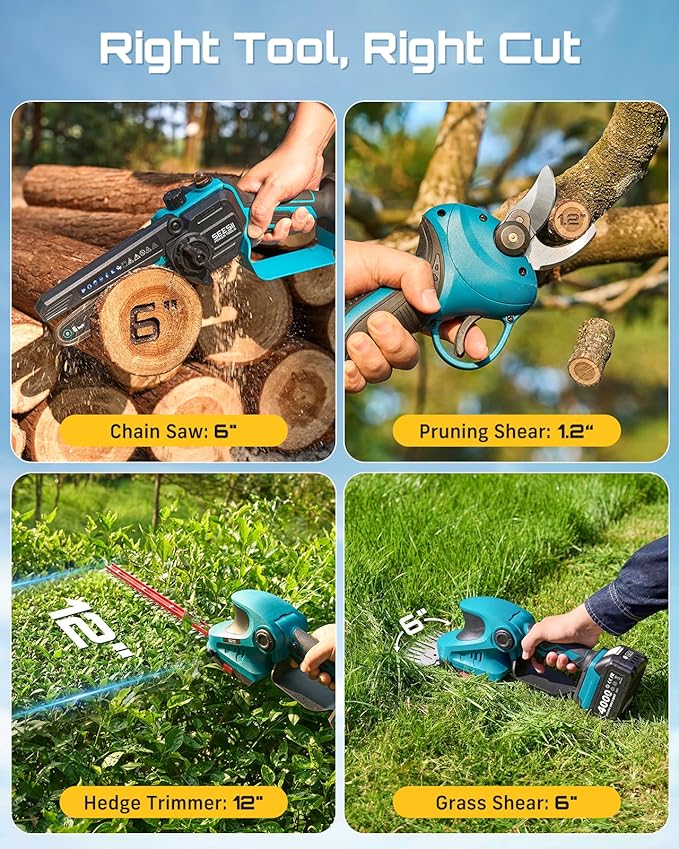 SEESII Electric Chainsaw Trimmer Pruner: 3-in-1 Cordless Chainsaw, Hedge Trimmer, Pruning Shears with 2× Rechargeable 4000mAh Batteries, Garden Tool Kit for Tree Trimming and Branch Cutting - Image 5