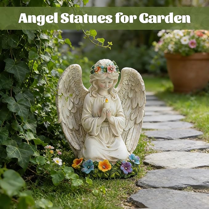 Garden Angel Statues for Outside, Solar Praying Angels Outdoor Statue Decor, Resin Figurine Sculpture for Patio Yard Lawn Birthday Christmas Sentimental Gifts for Mom Grandma Women Mother in Law