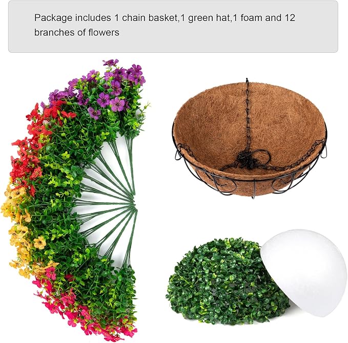 HyeFlora Artificial Faux Hanging Plants Flowers Basket for Summer Outdoor Outside Decoration, Fake Silk UV Sun Resistant Look Real Colorful Daisy Eucalyptus for Porch Home Patio Balcony Yard - Image 3