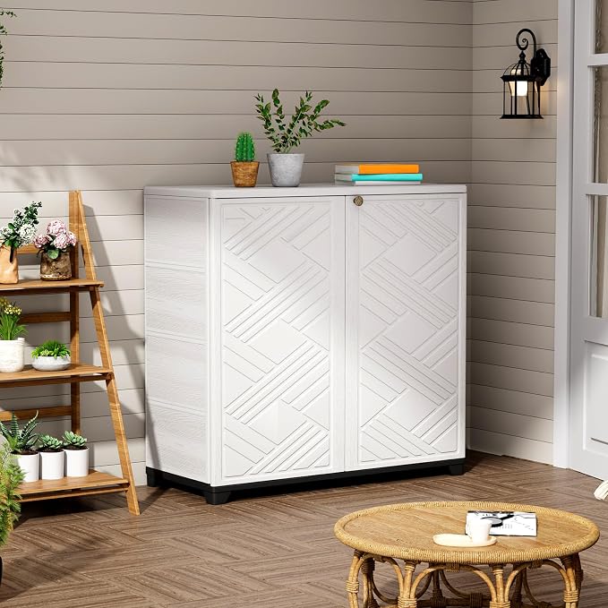 ZZM Indoor/Outdoor Storage Cabinet Waterproof, 34"x15"x34" Plastic Outdoor Storage Box for Garden Balcony Bathroom, All Weather Outdoor Storage Clearance, DIY Usage, with 2 Shelf (White) - Image 4