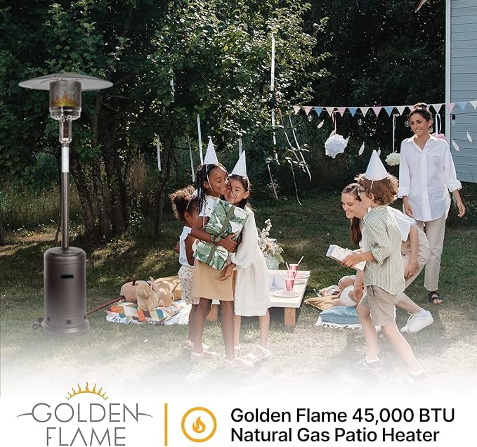Golden Flame XL-Series Natural Gas Patio Heater, 45,000 BTU, 89" Tall, Push-Button Ignition, Anti-Tilt Safety, Wheels, Hammered Silver/Pewter