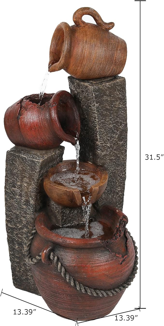 LuxenHome Outdoor Water Fountain, 32 Inch Farmhouse Water Fountain Outdoor with Lights, Cascading Pitchers Po Indoor and Outdoor Fountains and Waterfalls, Garden Water Feature Decor