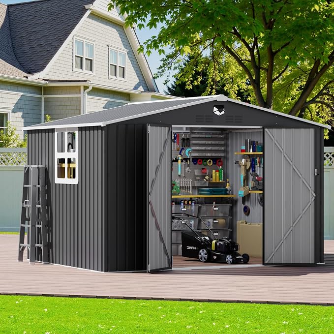 10x8 FT Outdoor Storage Shed, Metal Garden Shed - Tool Storage Sheds with Lockable Doors & 1 Clear Window, Waterproof Outside Storage Building for Backyard, Patio (Black; Floor Not Included) - Image 3