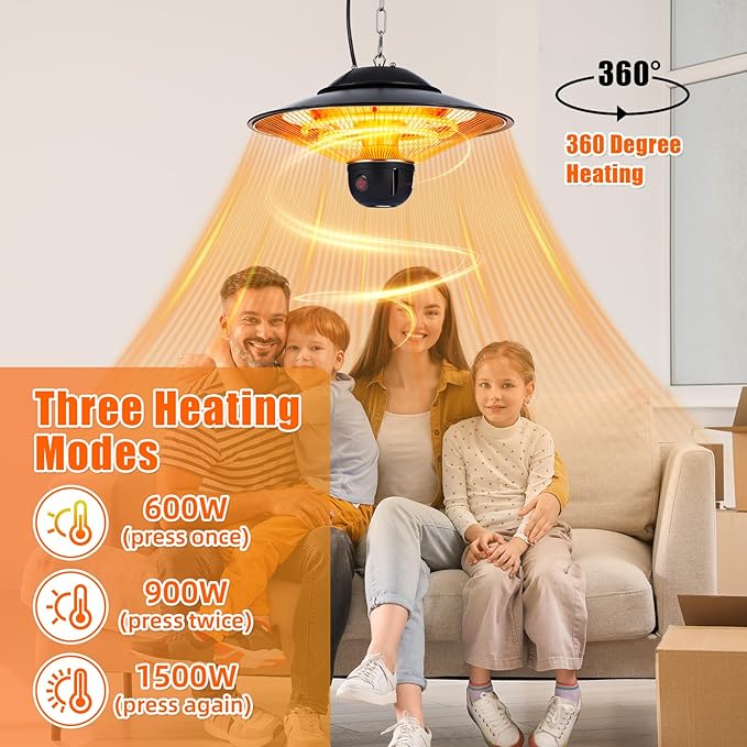 1500w Ceiling Mounted Outdoor Heaters Electric Hanging Infrared Patio Heater with Remote Control, Dust Cover and Adjustable Chain, 3 Adjustable Modes for Garage, Gazebo, Balcony, Courtyard