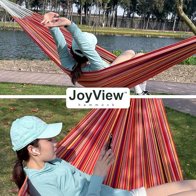 JoyView Brazilian Double Hammock with Hanging Ropes Extra Large 86.6x59” Portable Cotton Hammock for Patio Backyard Porch 450LBS Weight Capacity Perfect for Outdoor/Indoor - Blue & Green Stripes - Image 5