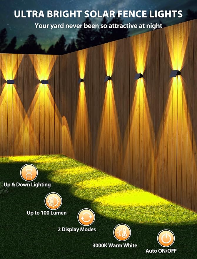 Solar Fence Lights,16Pack Solar Lights Outdoor Warm White Up & Down Solar Wall Lights Waterproof 100 Lumens Dusk to Dawn Solar Powered Fence Light for Outside /Backyard/Pool/Railing/Patio/Porch/Step