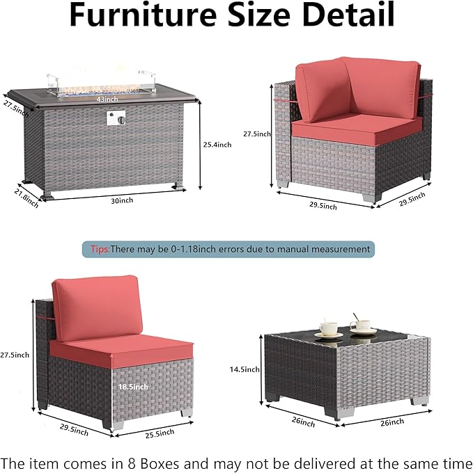 15 Pieces Outdoor Patio Furniture Set,Outdoor Sectional Furniture with 43" 55000 BTU Gas Propane Fire Pit Table,All Weather PE Rattan Wicker Patio Conversation Set,Red