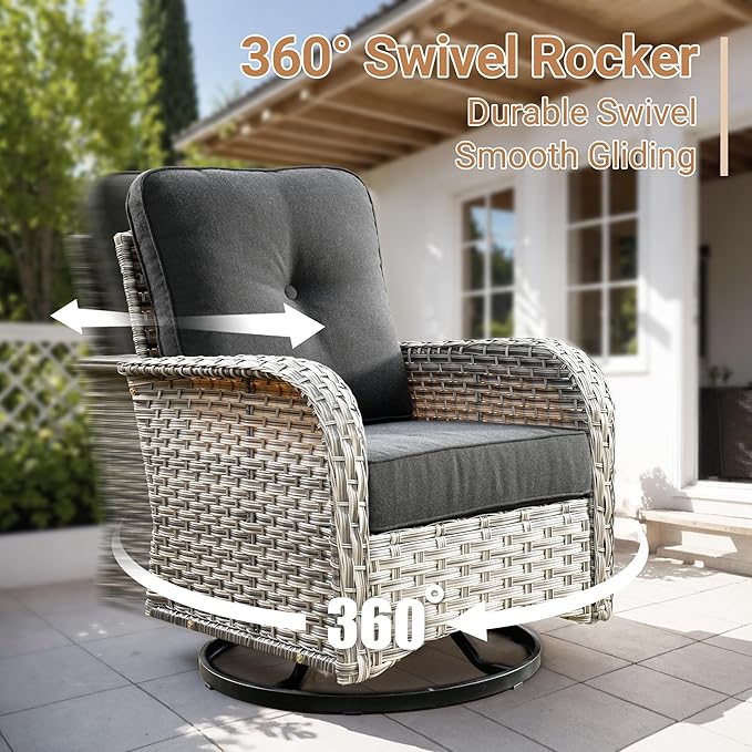 HOOOWOOO Outdoor Patio Furniture Set with Light Table,5 Pieces Wicker Conversation Set,All Weather High Back Couch Sofa Swivel Chairs Set,Black