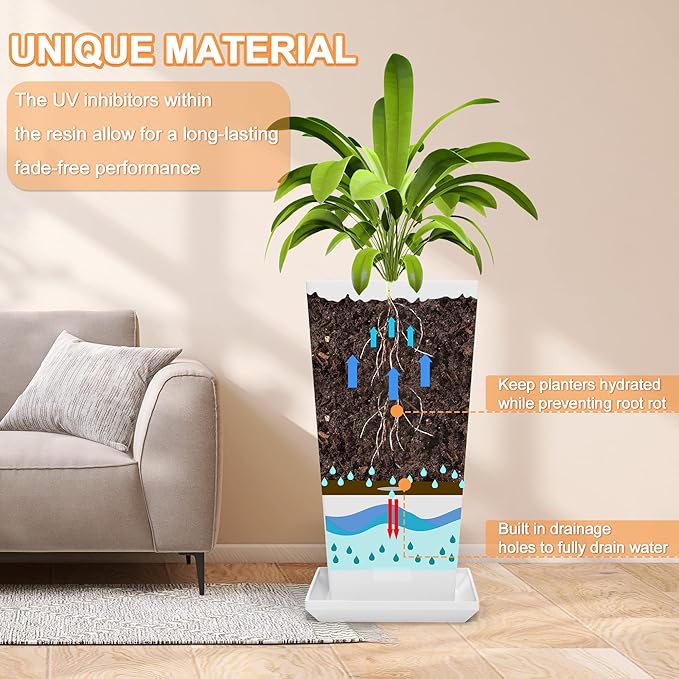 Elevens Outdoor Planter Larger Flower Pots Indoor Taper Garden V-Shape Tall Planters 24 inches Garden Pots Planter - White（2 Packs）