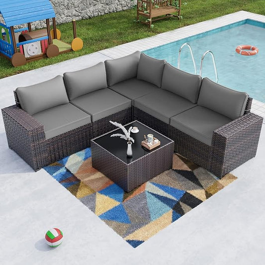 Kullavik Outdoor Patio Furniture Set 6 Pieces Sectional Rattan Sofa Set Brown PE Rattan Wicker Patio Conversation Set with 5 Seat Cushions and 1 Tempered Glass Table,Grey