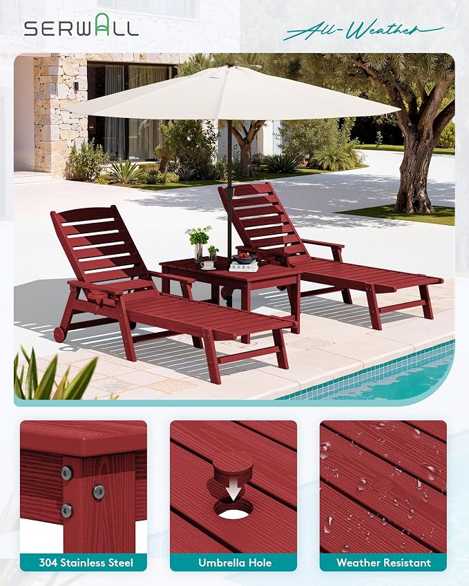 SERWALL Outdoor Coffee Table with 1.69" Umbrella Hole, HDPE Patio Coffee Table for Outside, Rectangle, Red - Image 6