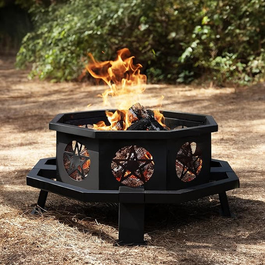 Verdelxue 35 Inch Octagonal Fire Pit with Cooking Grill,Outdoor Wood Burning Fire Pit for Camping Outside Picnic Bonfire,Heavy Duty Firepit for Backyard Garden Patio by OutdoorFirePit