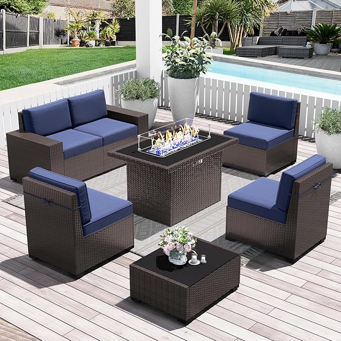 LayinSun 7 Pieces Outdoor Patio Furniture Set with 44" Fire Pit Table Brown Rattan Sectional Sofa Conversation Sets