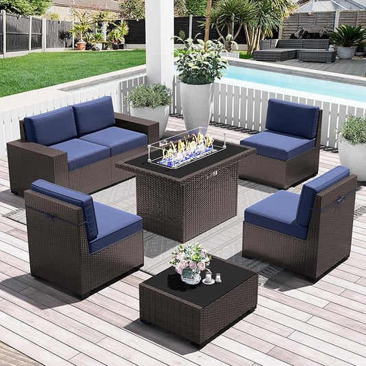 LayinSun 7 Pieces Outdoor Patio Furniture Set with 44" Fire Pit Table Brown Rattan Sectional Sofa Conversation Sets