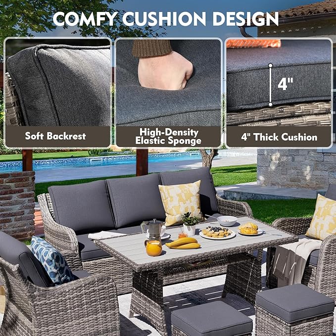 MEISSALIVVE 8 Pieces Patio Furniture Set with Swivel Rocking Chairs, Patio Conversation Set with Dining Table, Patio Dining Set with Waterproof Cushions for Lawn Backyard Porch (Grey)