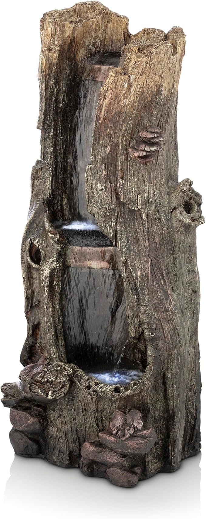 Alpine Corporation WIN258 Outdoor Rainforest Waterfall Tree Trunk Floor Fountain with LED Lights, Tiered Garden Decor, 41" H, Brown